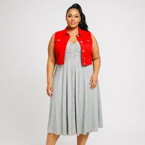 Torrid Red Vest and Gray Midi Dress